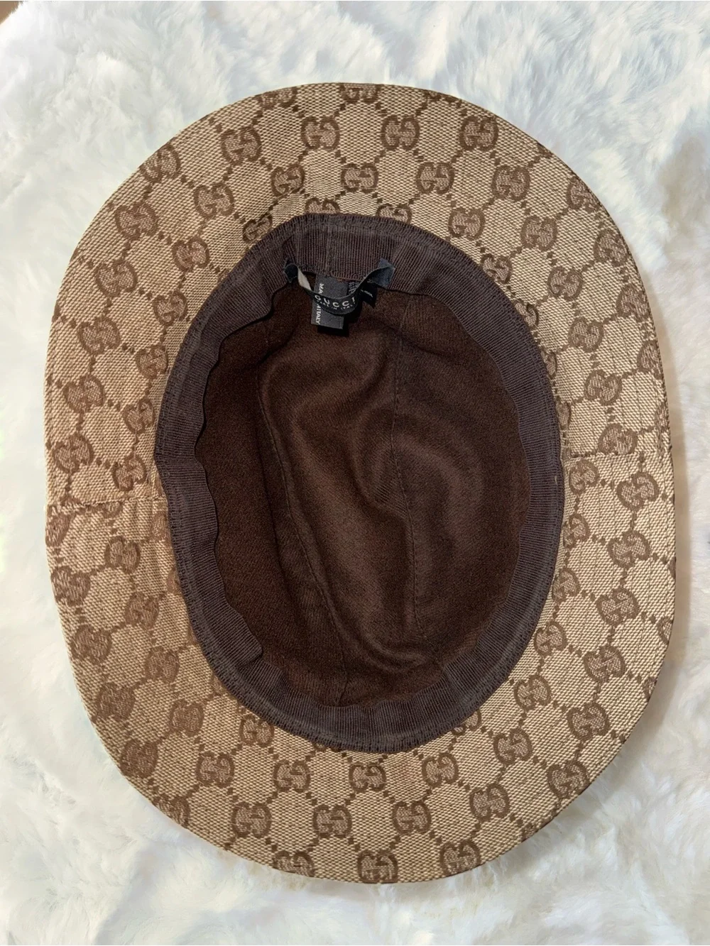 Gucci Tan GG Monogram Bucket Hat with Green and Cream Stripe - Picture 7 of 13